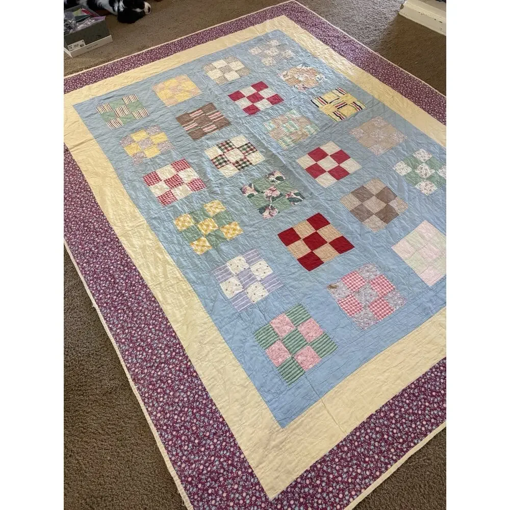 Vtg CottageCore Hand sown Patchwork Quilt 78x94 Reversible Yellow Distressed